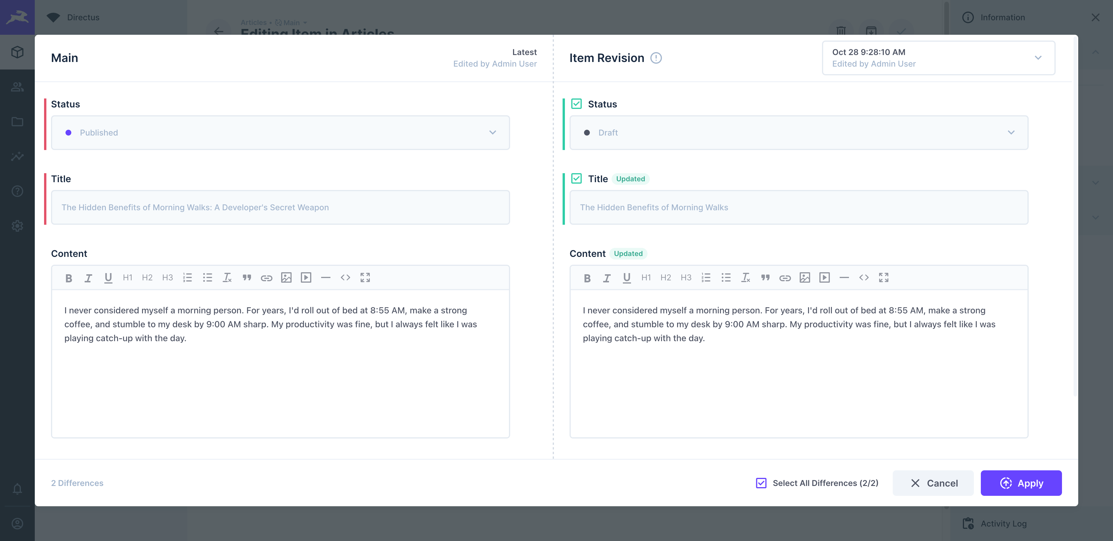 Content Comparison Modal